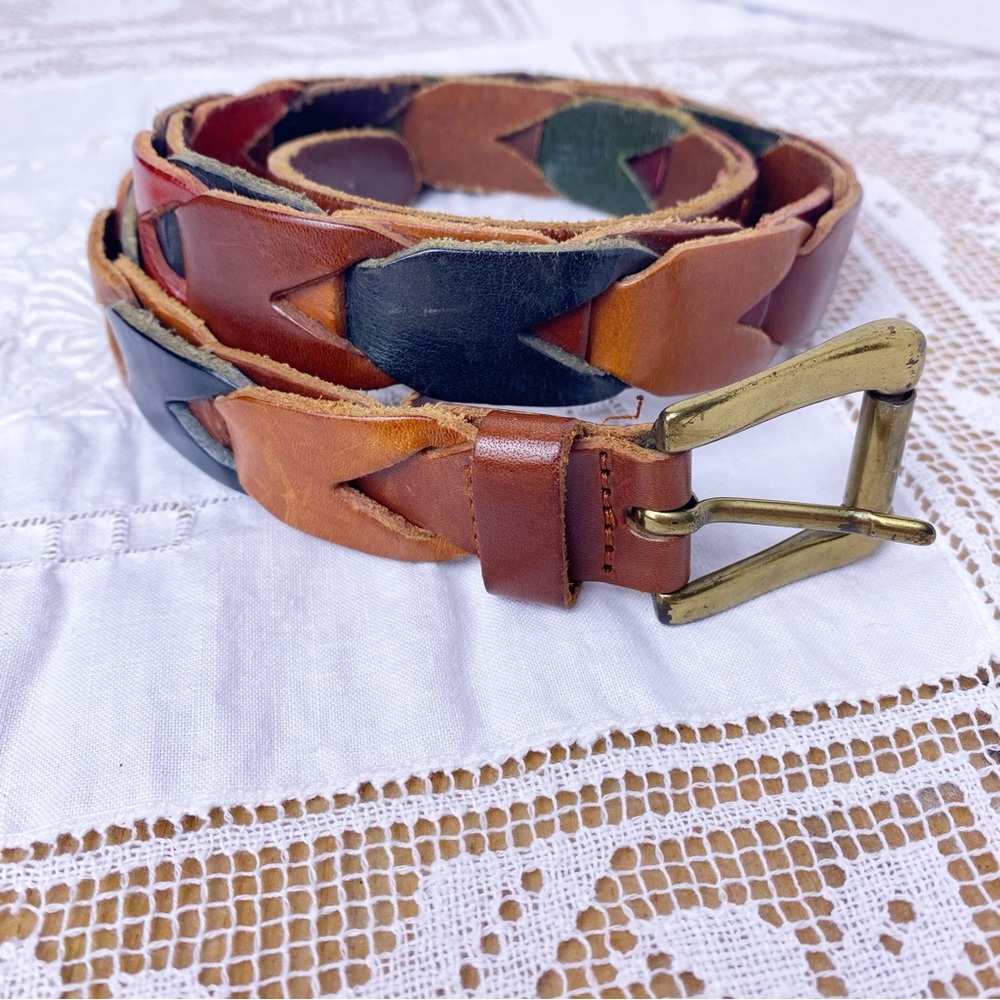 Fossil Vintage Multicolor Leather Belt Brass Buckle Size M  BT-4419 Boho